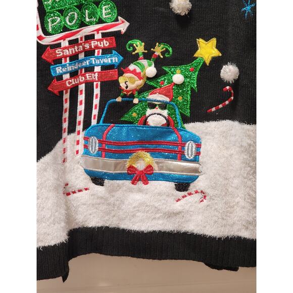 Holiday Time Womens XL Black Ugly Christmas Sweater Santa's Pub Elf Club Festive - Picture 3 of 11